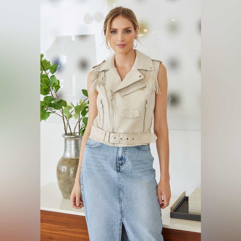 (X866-BGE) WOMEN FAUX LEATHER TASSELED VEST WITH BELT